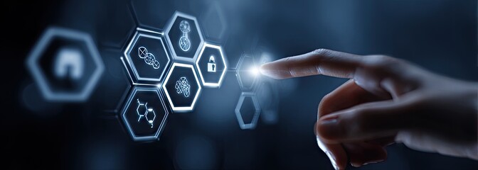 Finger interacts with digital hexagonal icons representing data security, finance, healthcare, and technology