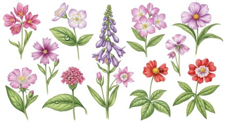 Collection of Beautiful Delicate Flowers and Green Leaves Illustration