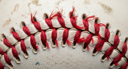 Close up extreme macro detail of vintage baseball seams showing worn texture and frayed red stitching on weathered leather