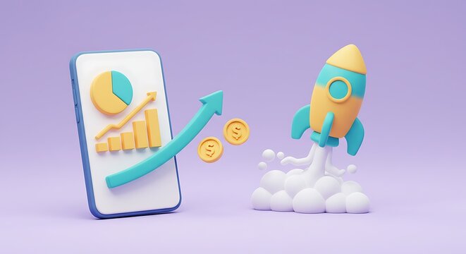 Startup growth concept with rocket launch and financial analysis presented on mobile phone screen indicating increasing profits and business success