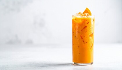 A tall glass of Thai iced tea with ice cubes and an orange slice, isolated against a white background.