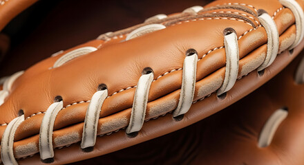 Close up of a baseball glove showing intricate stitching and textured leather.