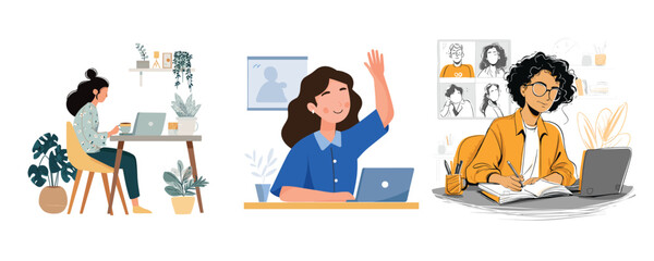 Obraz premium flat vector illustration of woman working remotely with laptop and headset