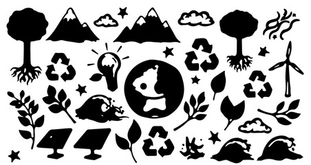 Black and white hand-drawn doodle vector set with Earth-themed icons for T-shirt, stickers, streetwear designs, etc