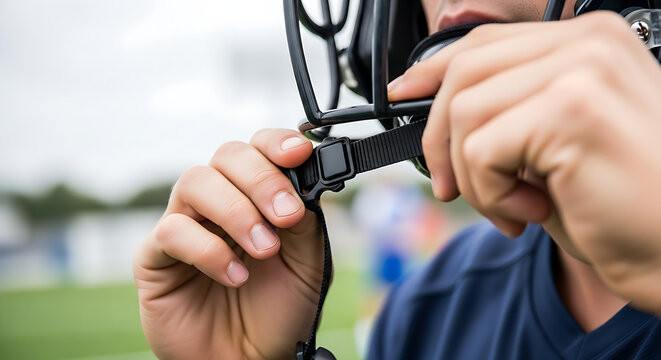 Football Player Adjusting Helmet Strap for Game Day Preparation and Athletic Competition Focus