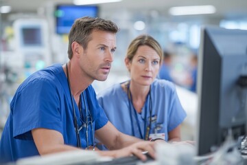 A clinical pharmacist and a nurse collaborate on a patient's medication plan in the ICU. Concept for critical care teamwork.


