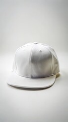 Fototapeta premium Simple white snapback cap on a plain white background with a subtle texture effect