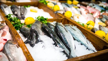 Fresh fish on ice in wooden crates at a market