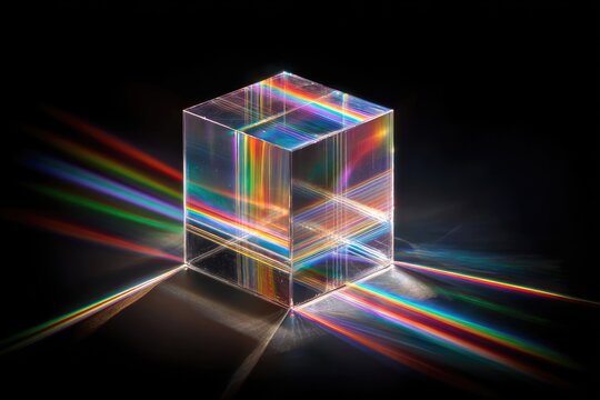 Prismatic cube refracting light into a rainbow spectrum