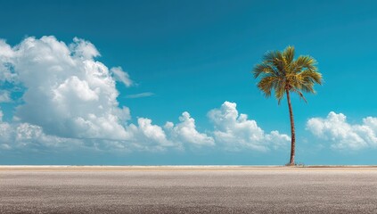 Lone palm tree on a beach road under a vibrant blue sky with fluffy clouds
