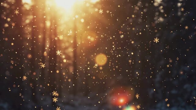 Golden hour snow in forest with flares