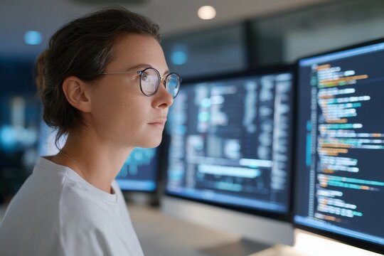 A medical coder works on dual monitors, managing patient charts and ICD-10 codes. Healthcare administration and billing concept.