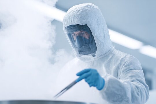 A scientist retrieves samples from a liquid nitrogen cryo-storage tank in a biobank. Concept for cryopreservation and stem cells