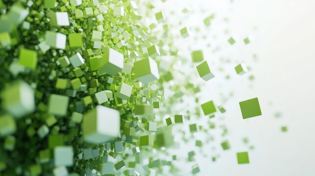 Abstract 3D Green Cube Explosion with White Background