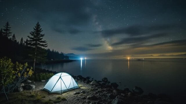 Minimalist Camping on a Serene Lakeside Under a Starry Night Sky. 4k video