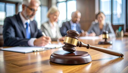 Close-up of a wooden judge hammer resting on a court desk, with a writing lawyer in the blurry background