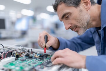 A biomedical engineer repairs a complex CT scanner. Concept for medical equipment service, maintenance, and technical support.