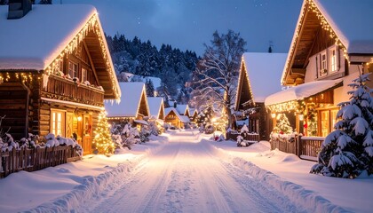 Fototapeta premium Magical Christmas Village with Illuminated Wooden Chalets, Festive String Lights and Snow-Covered Alpine Mountains at Twilight