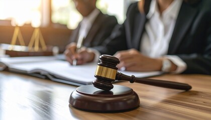 Close-up of a wooden judge hammer resting on a court desk, with a writing lawyer in the blurry background