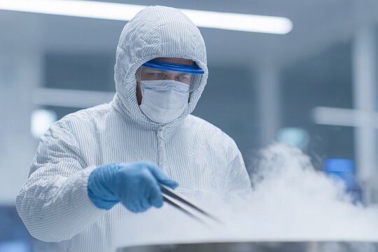 A scientist retrieves samples from a liquid nitrogen cryo-storage tank in a biobank. Concept for cryopreservation and stem cells.