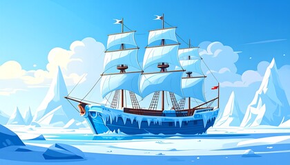 Frozen sailing ship in arctic landscape