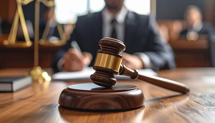 Close-up of a wooden judge hammer resting on a court desk, with a writing lawyer in the blurry background