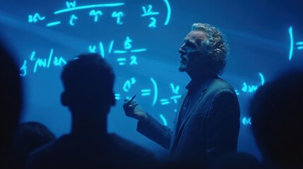 Engaging Math Lecture in a Futuristic Classroom Setting With Illuminated Equations on Display