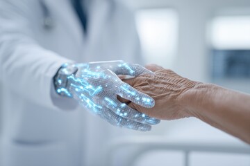 A doctor combines compassionate touch with futuristic technology, viewing a patient's holographic vitals. The future of medicine.