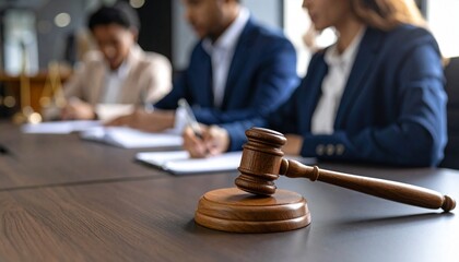 Close-up of a wooden judge hammer resting on a court desk, with a writing lawyer in the blurry background
