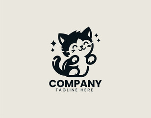 Cute meowing kitten silhouette illustration designed as simple vector logo in black graphic style