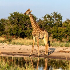 Majestic Giraffe Standing Gracefully by a Waterhole in African Savannah.