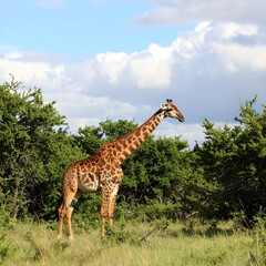 Majestic Giraffe Standing Tall Amidst Lush Greenery Under a Cloudy Sky.