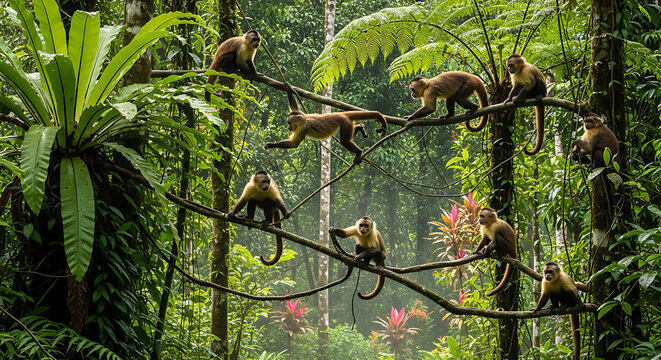 A troop of white faced capuchin monkeys in a lush green rainforest canopy on tree branches