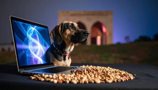 Dog and laptop with nuts on a table