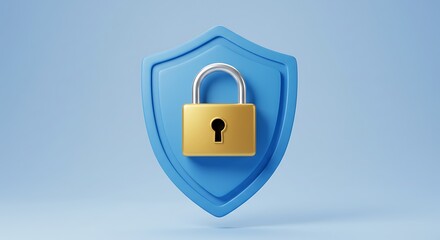 Digital Shield and Golden Padlock Representing Cyber Security and Data Protection with Bright Blue Background