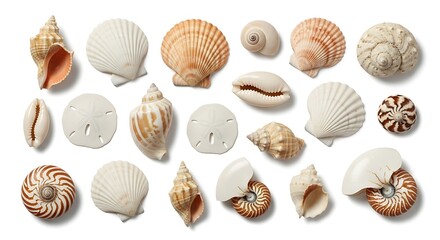 Collection of diverse seashells and sand dollars arranged on a white background in a studio setting for design elements
