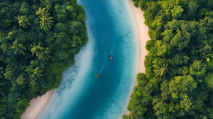 Aerial view of a river meeting the ocean, with boats and lush green forest