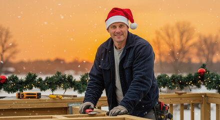 Smiling carpenter wearing santa hat working at wooden workbench with decorated garland during snowy winter evening, festive woodworking craftsmanship
