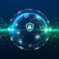 Global Cyber Security Network with Digital Shield and Icons.