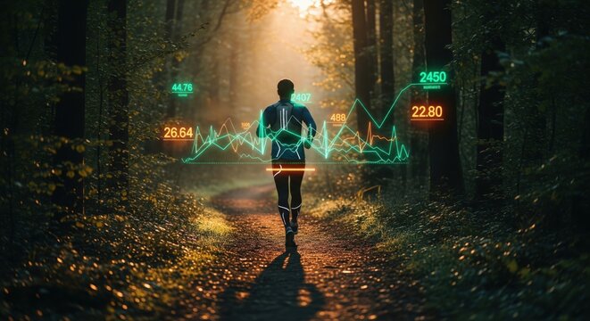 Runner in a forest with a futuristic holographic display of fitness tracking data