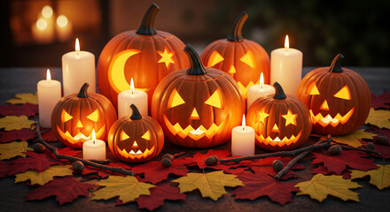 Halloween pumpkins and candles decoration autumn season festive