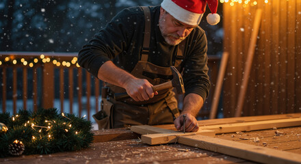 Focused mature carpenter wearing santa hat using hand plane on wooden board surrounded by festive garland with lights, traditional woodworking crafts