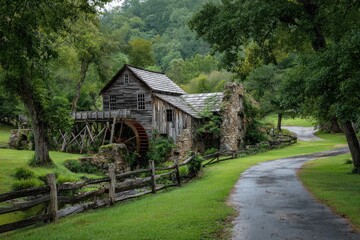Dilapidated Mill in Blue Ridge Mountains Surrounded by Lush Greenery with Water Wheel and Wooden Fence