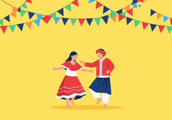 Fototapeta premium Traditional dancers celebrate festive occasion under colorful bunting overhead