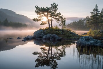 Lake Foggy Sunrise Misty Reflection Lone Tree Island