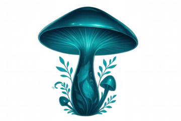 Turquoise glowing mushroom with smaller mushrooms growing around it and transparent background, perfect for fantasy projects