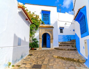 Cobblestone alleyway with whitewashed buildings and vibrant blue doors and window frames under a sunny sky