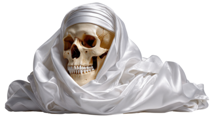 Skull Enshrouded in Elegant Silk: A haunting depiction of mortality. The weathered skull is draped in flowing fabric, creating a captivating composition that evokes a sense of serenity and mystery. 