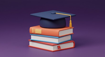 Graduation cap sitting on a stack of books representing education and academic achievement in a minimalist 3d render on purple background