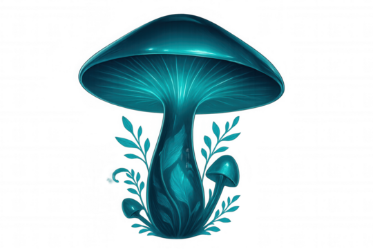 Turquoise glowing mushroom with smaller mushrooms growing around it and transparent background, perfect for fantasy projects - Powered by Adobe
